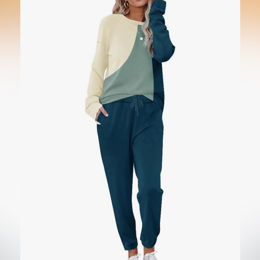 NEW Women Two Piece Teal ColorBlock Lounge Sweatsuit Set - Large
